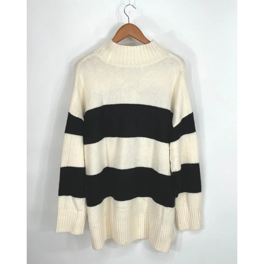 NWT LOFT Womens Sweater XL Pullover Tunic Cream Black Striped Mock Neck Knit